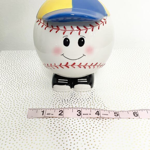 Baseball Ceramic Coin Bank Happy Face Yellow Blue Cap Hat Rubber Stopper - Picture 7 of 8